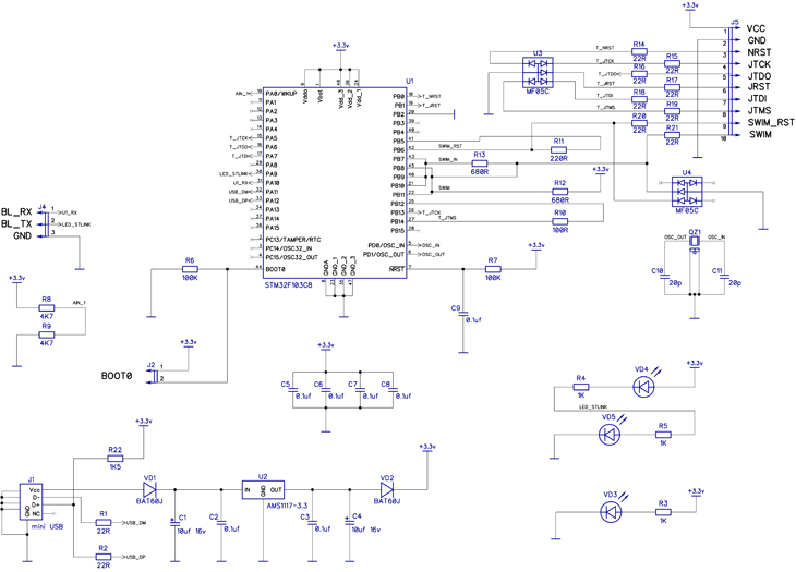 Схема самодельного программатора ST-LINK/V2